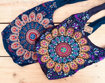 Bolsa transversal com estampa de mandala de pavão boho, feita à mão em algodão de comércio justo, estilo hippie boho.