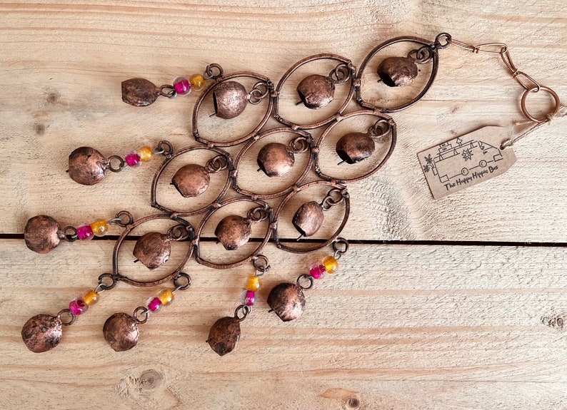 Handmade Indian Brass Bells, Recycled Brass Hanging Bell Windchime, Ethically Sourced & Fair Trade, Rustic Copper Colour with Glass Beads image 1