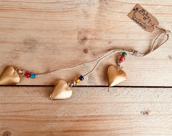 Brass Heart Hanging Bells, Recycled Metal Handmade Bell Windchime, String of Gold Colour Bells & Multicoloured Glass Beads, Fair Trade Bells