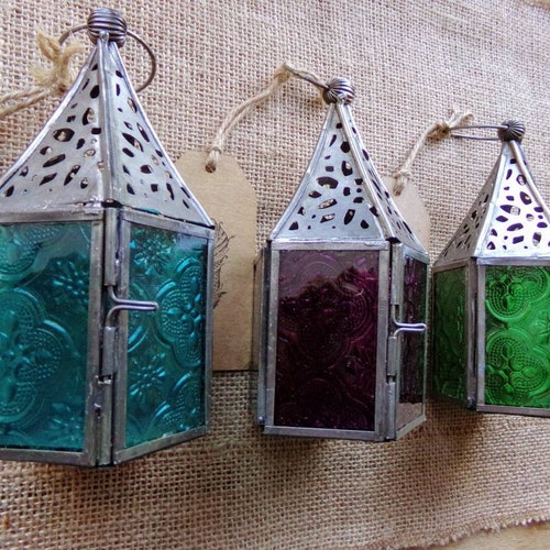Fair Trade Moroccan Style Iron & Glass Lantern Tea Light Holder Home & Garden 
