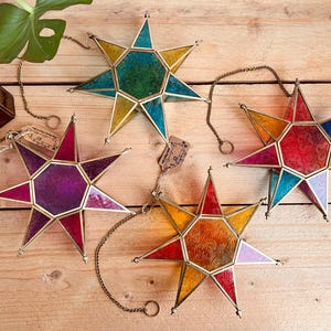 Handmade Fairtrade Recycled Hanging Moroccan Style Star Stained Glass Large Lantern, Tea-light Candle Holder Colourful Hanging Lantern