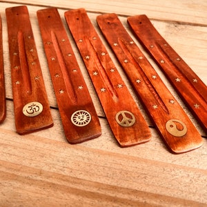 Mango Wood Incense Holder With Brass Inlay, Incense Stick Holder Ash Catcher With Brass Boho Hippie Design, Handmade & Fairtrade, Eco Design