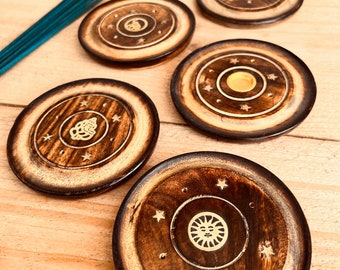 Disco porta incenso in legno di mango, cono di incenso e bruciatore porta bastoncini di incenso, piatto di incenso dal design in ottone Boho Hippie, commercio equo e solidale, fatto a mano