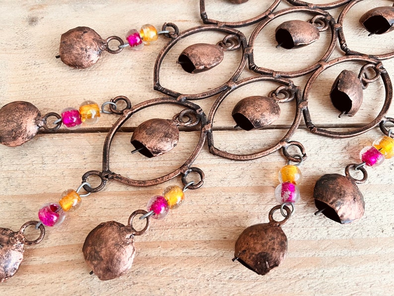 Handmade Indian Brass Bells, Recycled Brass Hanging Bell Windchime, Ethically Sourced & Fair Trade, Rustic Copper Colour with Glass Beads image 3