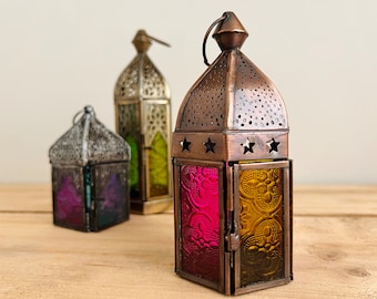 Handmade Recycled Copper Coloured Metal & Glass Lanterns, Beautiful Moroccan Style Lanterns in Pink and Yellow