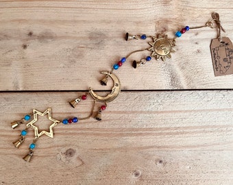 Handmade Recycled Brass, Hanging Bells, Sun, Moon, Star Decoration, Windchime.