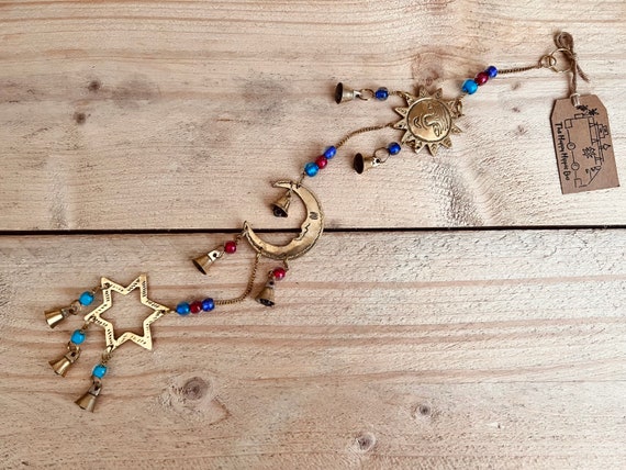 Recycled Brass Sun, Moon & Star Wind Chime, Bohemian Hanging Bells