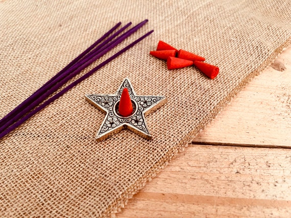 Silver Embossed Star Incense Stick Holder & Incense Cone Holder Small Handmade Fair Trade Ash Catcher Bohemian Metal Incense Holder