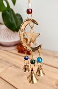 Handmade Crescent Moon & Star Recycled Brass Metal Mini Bells, Small Wind Chime Mobile Bells, Colouful Glass Beads, Fair Trade, Ethical Gift