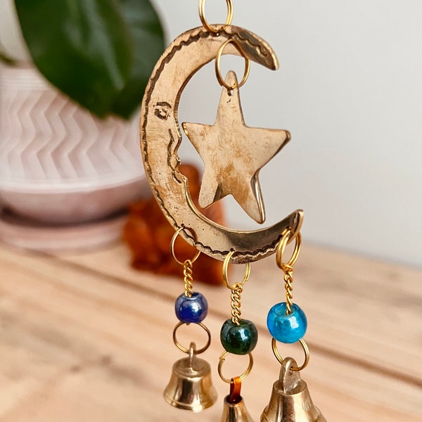 Handmade Moon & Star Recycled Metal Bells Wind Chime Mobile