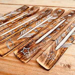 Mango Wood Incense Holder, Carved Designs Burned Wood with Paint Wash Finish, Handmade Incense Stick Holder Burner Ash Catcher, Boho Chic