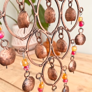 Handmade Indian Brass Bells, Recycled Brass Hanging Bell Windchime, Ethically Sourced & Fair Trade, Rustic Copper Colour with Glass Beads image 6