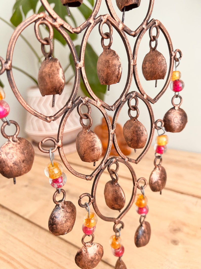 Handmade Indian Brass Bells, Recycled Brass Hanging Bell Windchime, Ethically Sourced & Fair Trade, Rustic Copper Colour with Glass Beads image 6