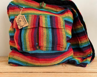 Handmade & Fair Trade Rainbow Stripe Shoulder Bag, Beautiful Bohemian Cross Body Bag Perfect For Festivals Beach Days Casual Days Out