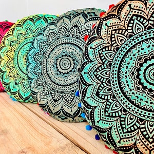 Handmade Round Mandala Print Yoga Floor Meditation Cushion Hand Printed With Rainbow Pom Poms Bohemian Hippie