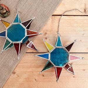 Moroccan Star Lantern: Sky Blue Stained Glass, Recycled Metal Tea-light Holder