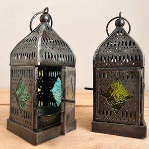 Handmade/ Fair Trade Small Silver Moroccan Style Lantern With Blue & Green Glass, Cute T Light Holder Bohemian Hippie Decor