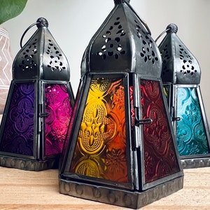 Fair Trade Moroccan Style Iron Emboss Glass Lantern Tea Light Holder