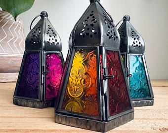 Fair Trade Moroccan Style Iron Emboss Glass Lantern Tea Light Holder