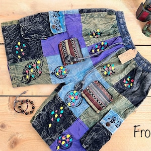 Men’s Patchwork Shorts, Colourful Purple & Green Recycled Fabric Cotton Shorts, Boho Hippie Festival Chic Style, Loose Casual Relaxed Fit