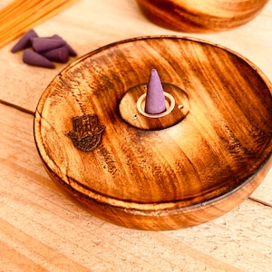 Handmade Mango Wood Incense Stick & Cone Holder, Large Bohemian Wooden Ash Catcher With Hamsa Hand Design, Fair Trade Incense Burner Bowl