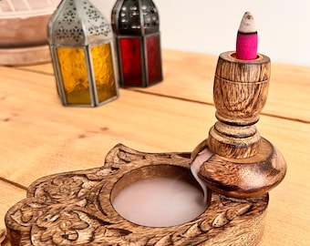 Handmade Hamsa Hand Design Mango Wood Backflow Incense Cone Burner, Large Wooden Fair Trade Hand Carved Back Flow Incense Holder Burner