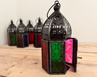 Handmade Recycled Iron & Glass Lanterns, Small Multicoloured Glass Moroccan Style Lanterns.