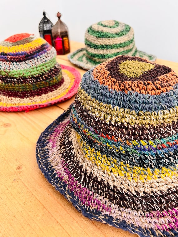 Handmade Woven Hemp Boho Summer Hat Multi Stripe Slouchy Sun Hat