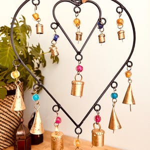 Large Twin Hearts Recycled Metal Hanging Windchime With Rustic Bells, Boho Black Metal with Gold Bells Wind Chime, Fair Trade, Ethical Boho
