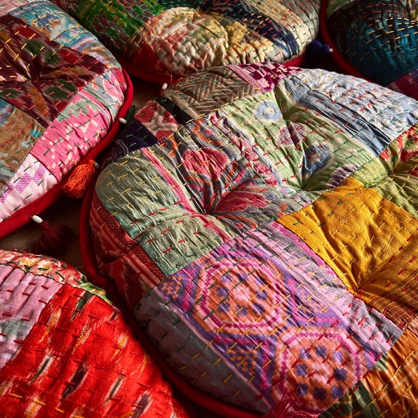 Sari Silk Patchwork Yoga Cushion For Yoga & Meditation, Made Using Recycled Fabric