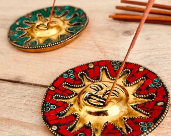 Smiling Sun Incense Holder, Gold Sun Boho Hippie Design Incense Stick Holder Ash Catcher, Colourful Boho Incense Burner, Handmade, Fairtrade