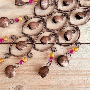 Handmade Indian Brass Bells, Recycled Brass Hanging Bell Windchime, Ethically Sourced & Fair Trade, Rustic Copper Colour with Glass Beads image 2