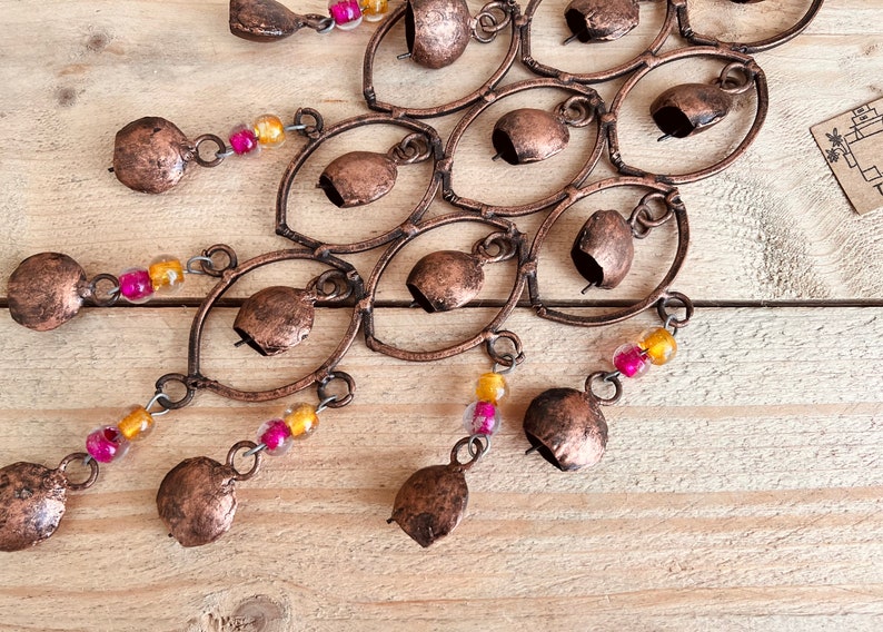 Handmade Indian Brass Bells, Recycled Brass Hanging Bell Windchime, Ethically Sourced & Fair Trade, Rustic Copper Colour with Glass Beads image 2