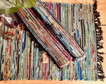 Turquoise Blue & Colourful Recycled Chindi Rag Rug, Small Handmade, Fairtrade Rug, Cotton, Fleece Recycled Fabric Small Rug Boho Hippie