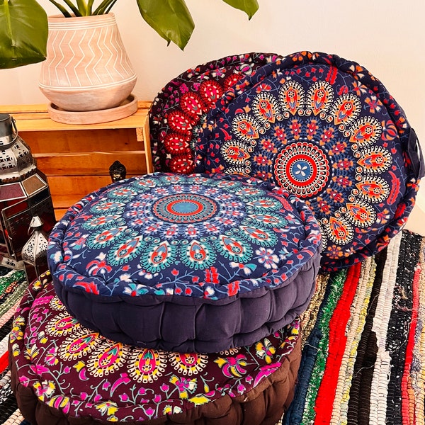 Large Yoga, Meditation, Floor Cushion, Ethically Sourced, Fairtrade, Handmade, Round Peacock Mandala Print Cushion, Vegan Friendly