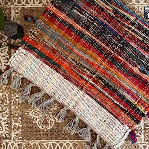 Handmade & Fair Trade Hippie Bohemian Rainbow Rag Rug, Made from Recycled Sari Fabric Indian Eco Small Rug Mat Runner