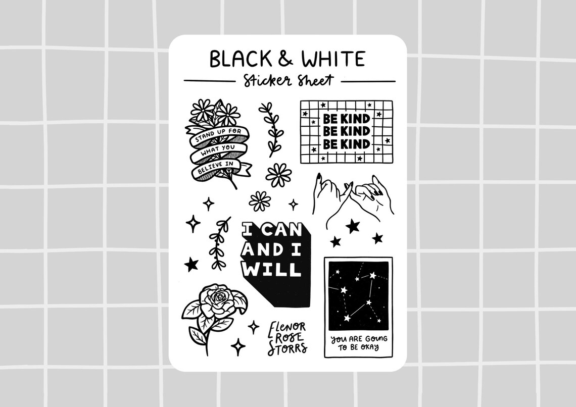 Black and White Sticker Sheet / Monochrome / Illustration / | Etsy