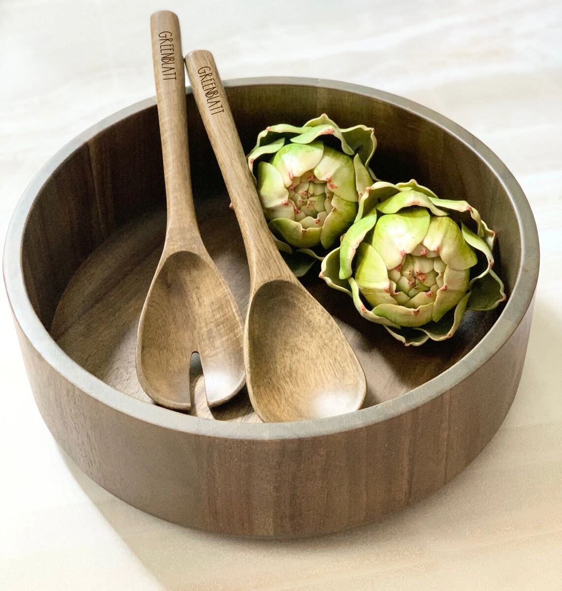 12 Salad Bowl with Personalized Wooden Tongs Acacia Etsy