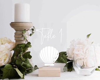 Beach Wedding Acrylic Table Numbers: Seashell Calligraphy Decor