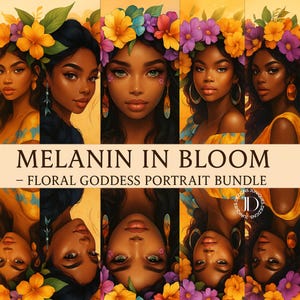 Melanine in bloeiBloemen godin portretbundel | Afro-Amerikaanse vrouw clipart | Bloemenkroon, png-bestand | Magische kunst zwart meisje | Digitale download