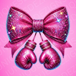 May include: A pink glittery bow with two matching pink boxing gloves hanging below. The bow and gloves have a sparkling effect, with highlights and a gradient of pink hues. The background is a solid pink color.