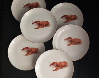 Juego de 6 platos decorativos vintage, plato de los años 1960-1970 (24 cm) Juego de 6 platos de langosta Juego de platos Plato para servir mariscos Vintage Italia