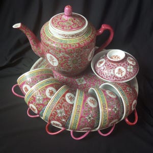 Vintage Chinese Porcelain Tea Set Famille Rose Mun Shou Longevity Jingdezhen.Asia. porcelain tea set - 9 items. . Collectible