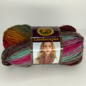 May include: A skein of Lion Brand Landscapes yarn in the colorway "Autumn Leaves". The yarn is a multi-colored blend of brown, green, orange, and pink.