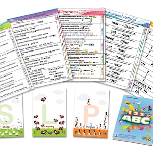 May include: A set of colorful educational charts and flashcards for children. The charts cover topics like early language development, milestones, phonological patterns, and speech acquisition. The flashcards feature letters of the alphabet with illustrations of animals and the number of letters in each word. The charts and flashcards are printed on white paper with colorful borders and illustrations.