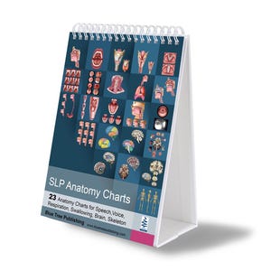 May include: A white desktop easel with a spiral bound book of 23 anatomy charts for speech, voice, respiration, swallowing, brain, and skeleton. The book is titled "SLP Anatomy Charts" and is published by Blue Tree Publishing.