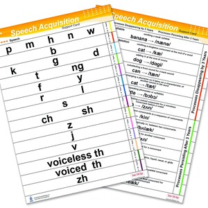 Speech Acquisition chart, Speech educational chart, processed by age for SLP speech language pathologist. 1 Laminated 8.26 x11.69 inch card