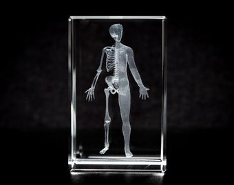 May include: A clear glass cube with a 3D laser-engraved image of a human skeleton inside. The skeleton is standing upright with arms outstretched.