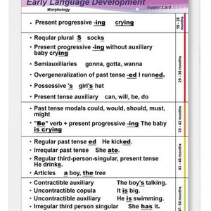 May include: A white chart with a red, yellow, and orange vertical timeline. The chart lists stages of early language development in children, including morphology, present progressive, regular plural, semiauxiliaries, overgeneralization of past tense, possessive, present tense auxiliary, past tense modals, "be" verb, regular past tense, irregular past tense, regular third-person-singular, present tense, articles, contractible auxiliary, uncontractible copula, uncontractible auxiliary, irregular third person singular, and past tense "be" verb.