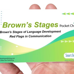 May include: A green and yellow pocket chart with the text "Brown's Stages Pocket Chart" and "Brown's Stages of Language Development Red Flags in Communication". The chart also includes the website addresses for Blue Tree Publishing and Smart Felt Toys.